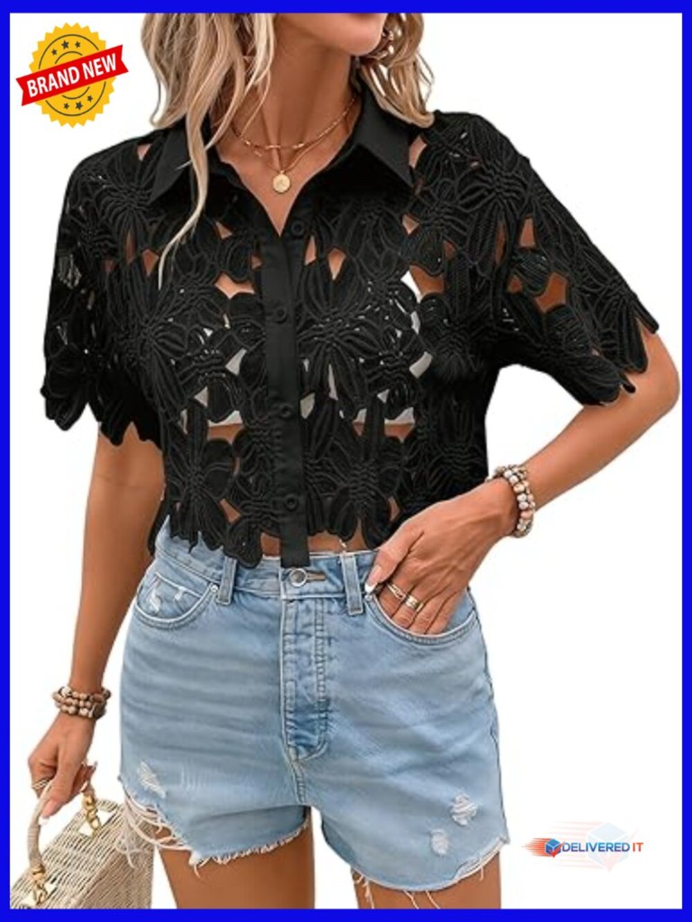 Women's Lace Crop Top Blouse Short Sleeve Button Down